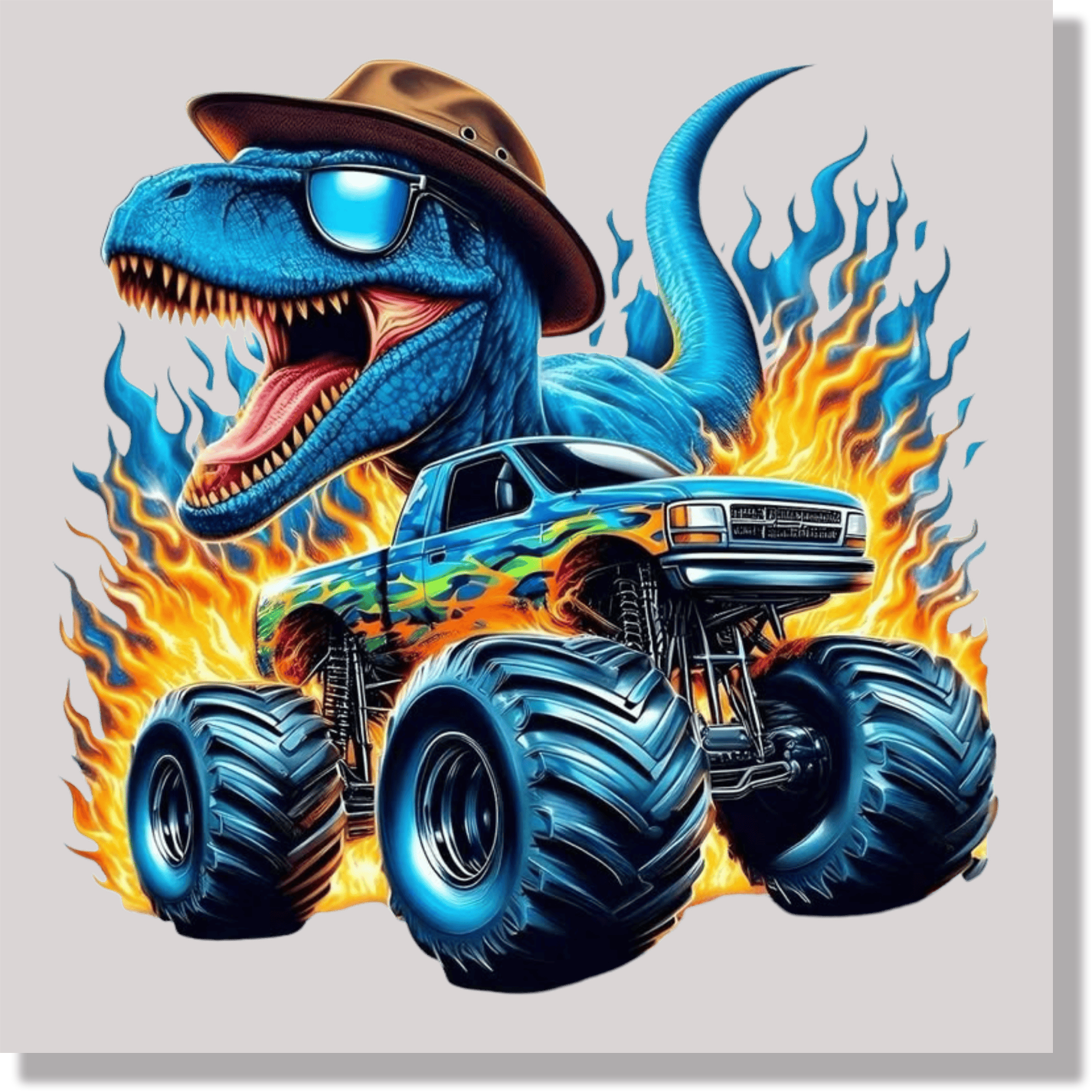 Blue Dino Monster Truck DTF Transfer