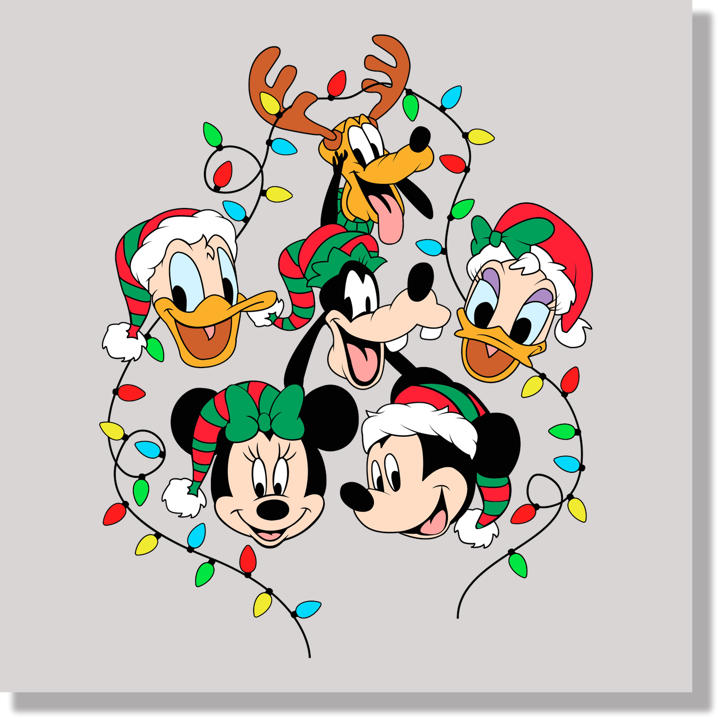 Christmas Light Checkered Mickey & Friends Heads DTF Transfer