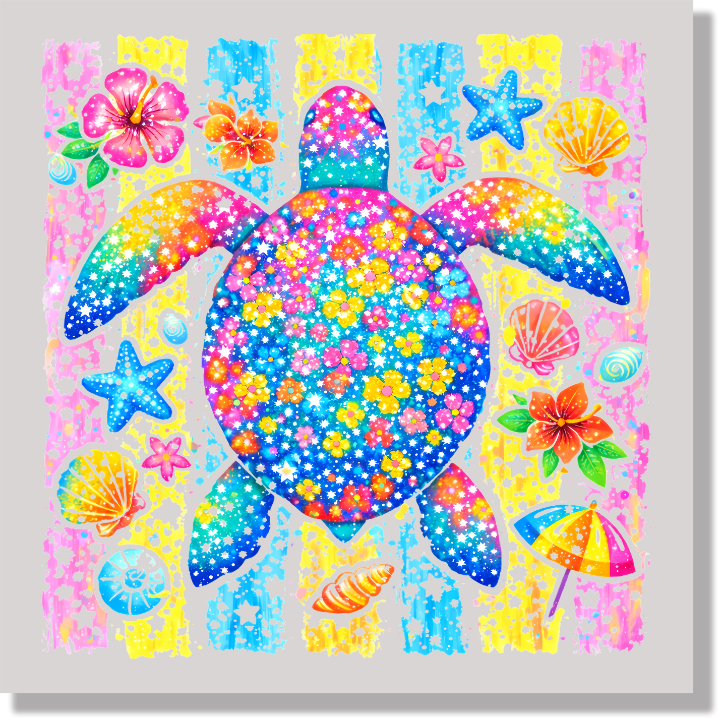 Colorful Sea Turtle Flowers On Shell DTF Transfer