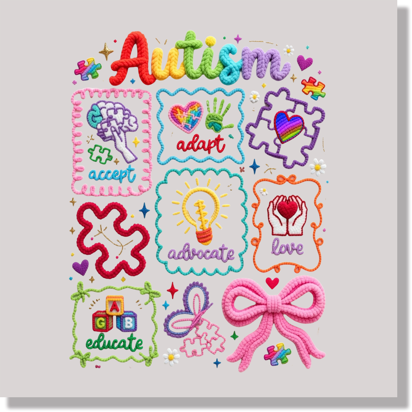 Faux Yarn Accept Adapt Advocate Autism Awareness & Causes DTF Transfer