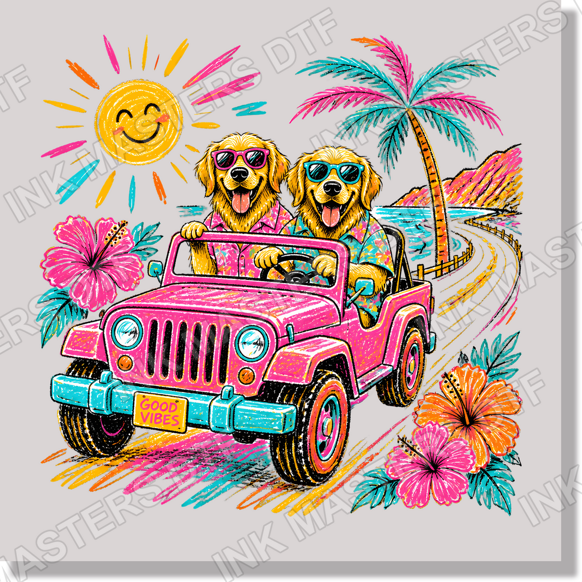 Golden Retriever Jeep Good Vibes DTF Transfer