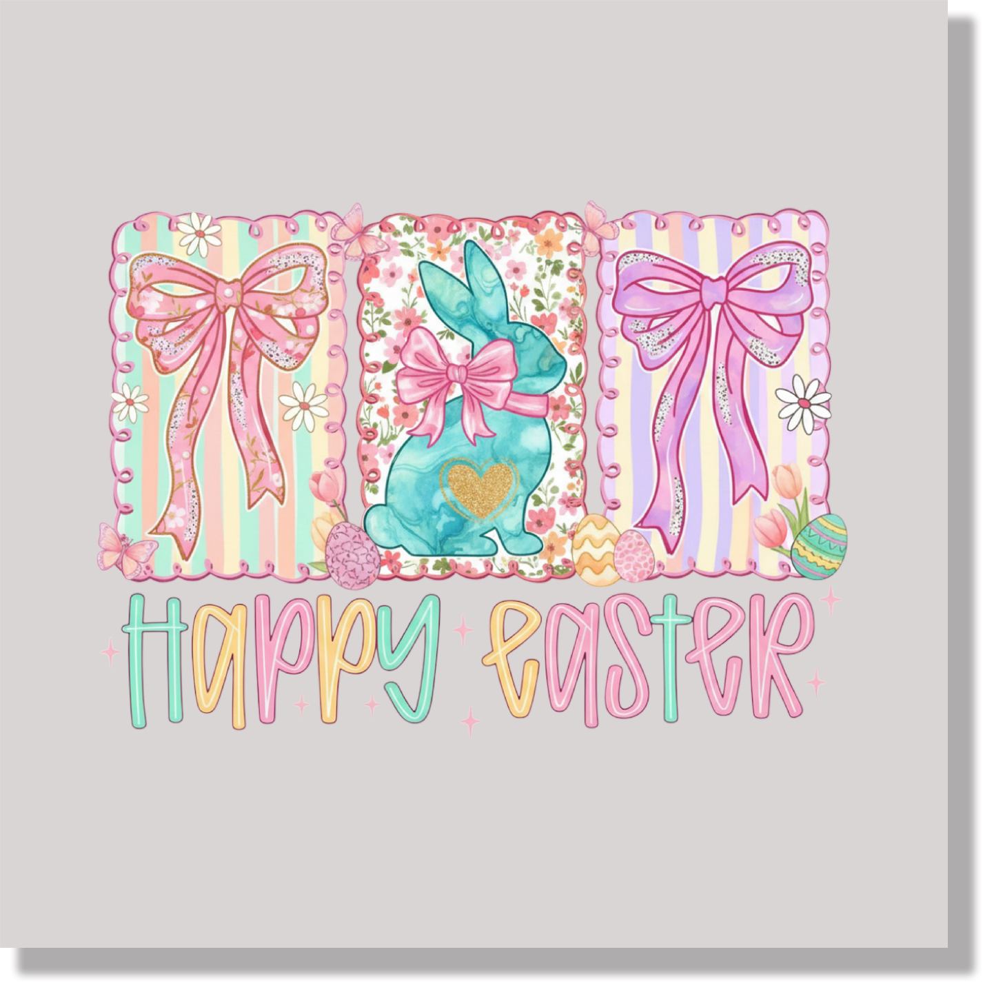 Happy Easter Pink Bows Blue Bunny DTF Transfer