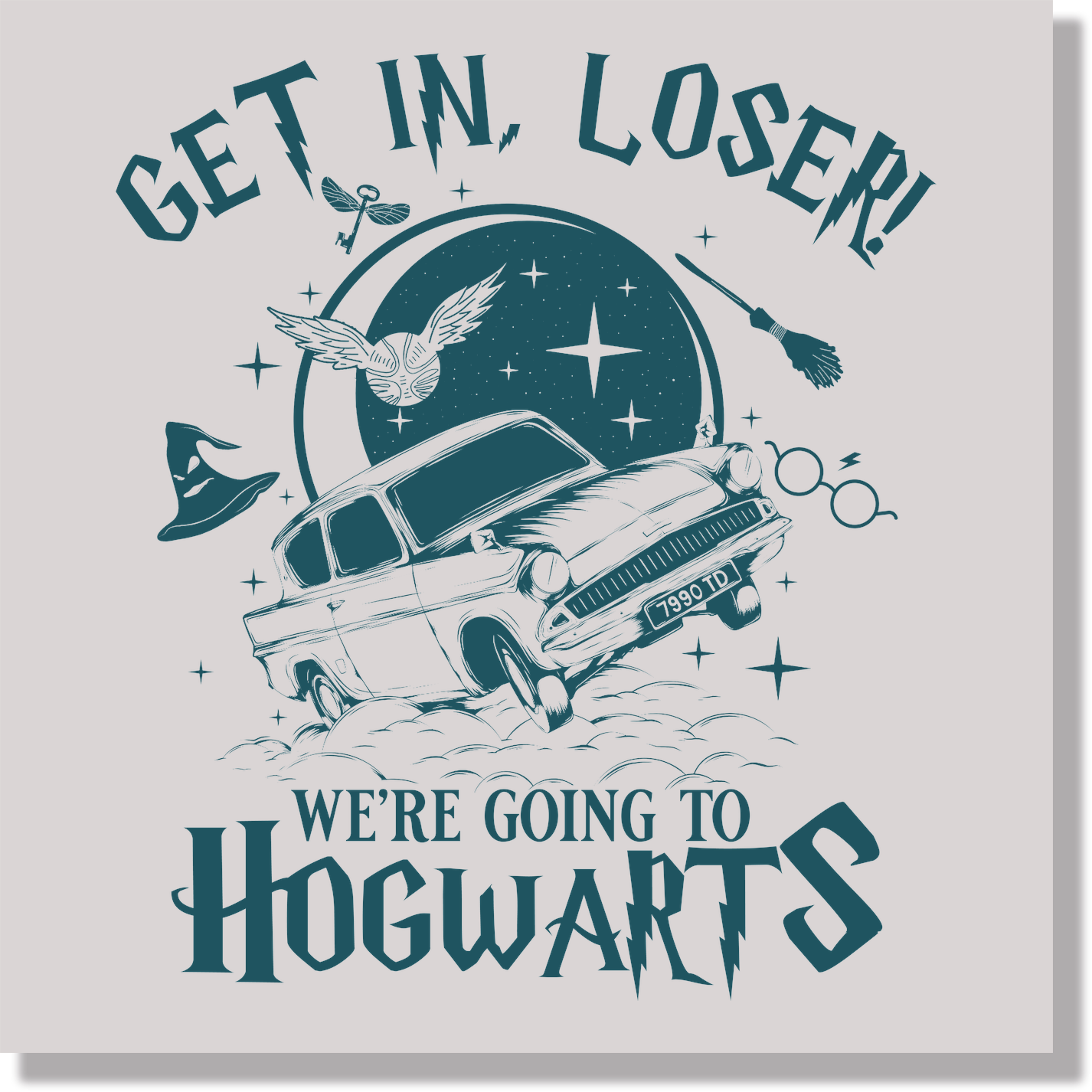 Harry Potter Wizard Flying Car Blue DTF Transfer