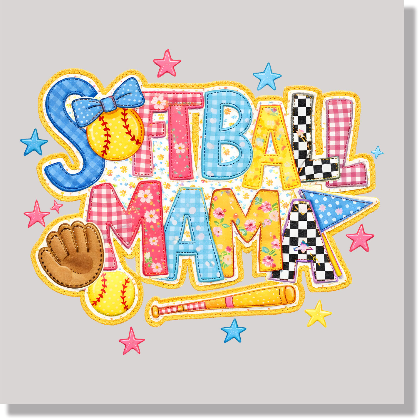 SoftBall Mama Fuax Patchwork DTF Transfer