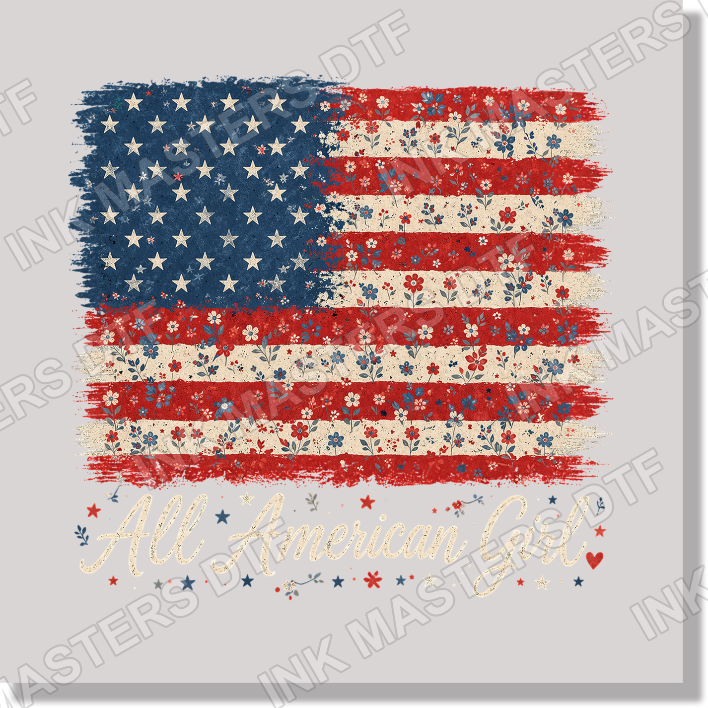 Vintage Floral All American Girl Fourth Of July Flag DTF Transfer