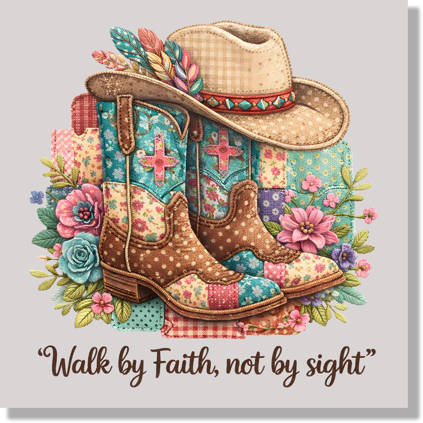 Walk By Faith Not By Sight Country Boots Patchwork DTF Transfer