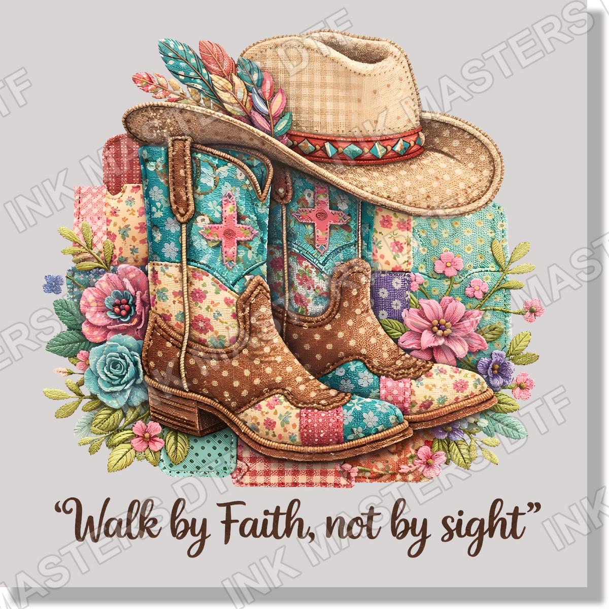 Walk By Faith Not By Sight Country Boots Patchwork DTF Transfer