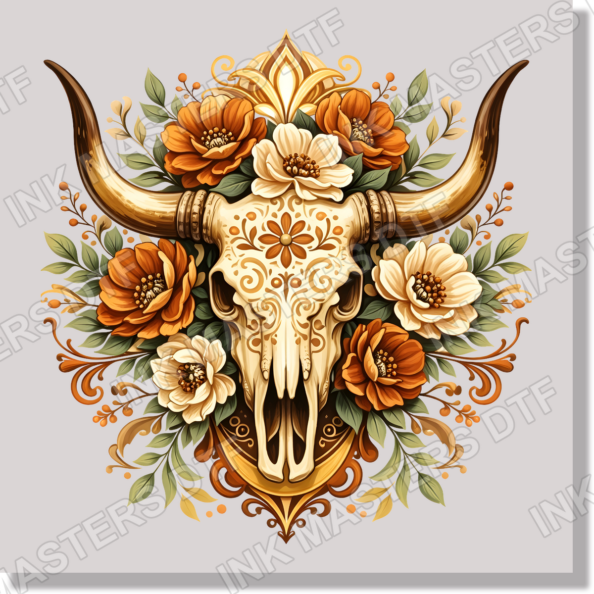 Western Boho Bull Floral Skull DTF Transfer