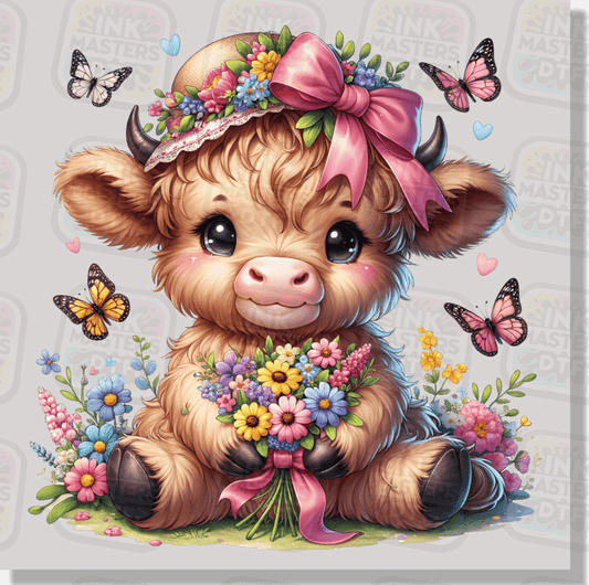 Cute Highland Cow Holding Flowers DTF Transfer - Ink Masters DTF