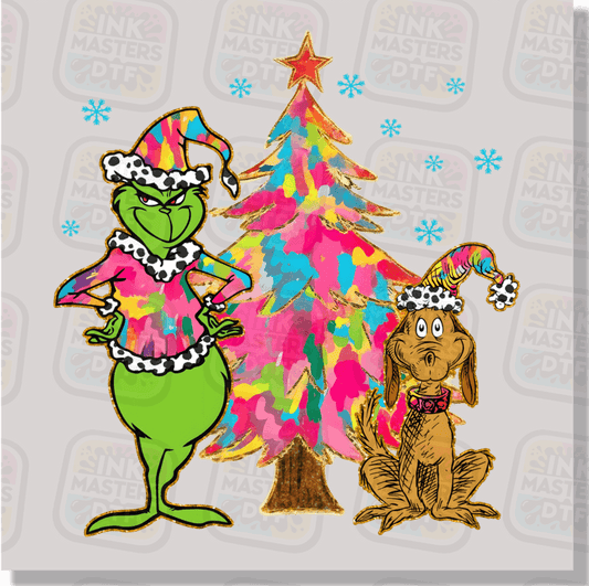 Green Christmas Monster And Dog DTF Transfer - Ink Masters DTF