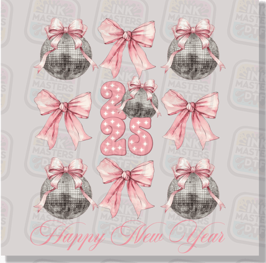 Happy New Year Pink Bows And Disco Balls DTF Transfer - Ink Masters DTF
