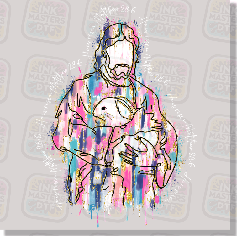 Paint Brush Stroke Jesus Holding Easter Bunny DTF Transfer