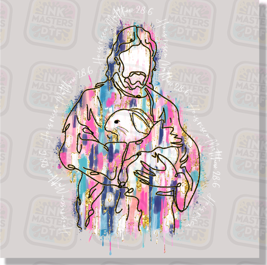 Paint Brush Stroke Jesus Holding Easter Bunny DTF Transfer - Ink Masters DTF