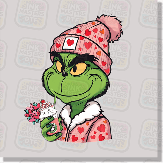 Valentine Green Monster With Coffee DTF Transfer - Ink Masters DTF