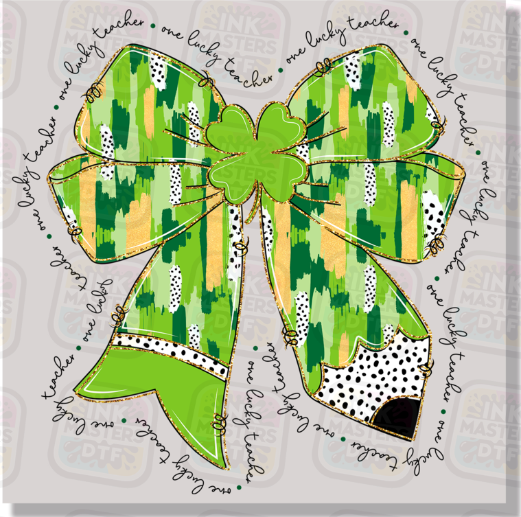 The Lucky Teacher St. Patrick's Day Pencil Coquette Bow DTF Transfer
