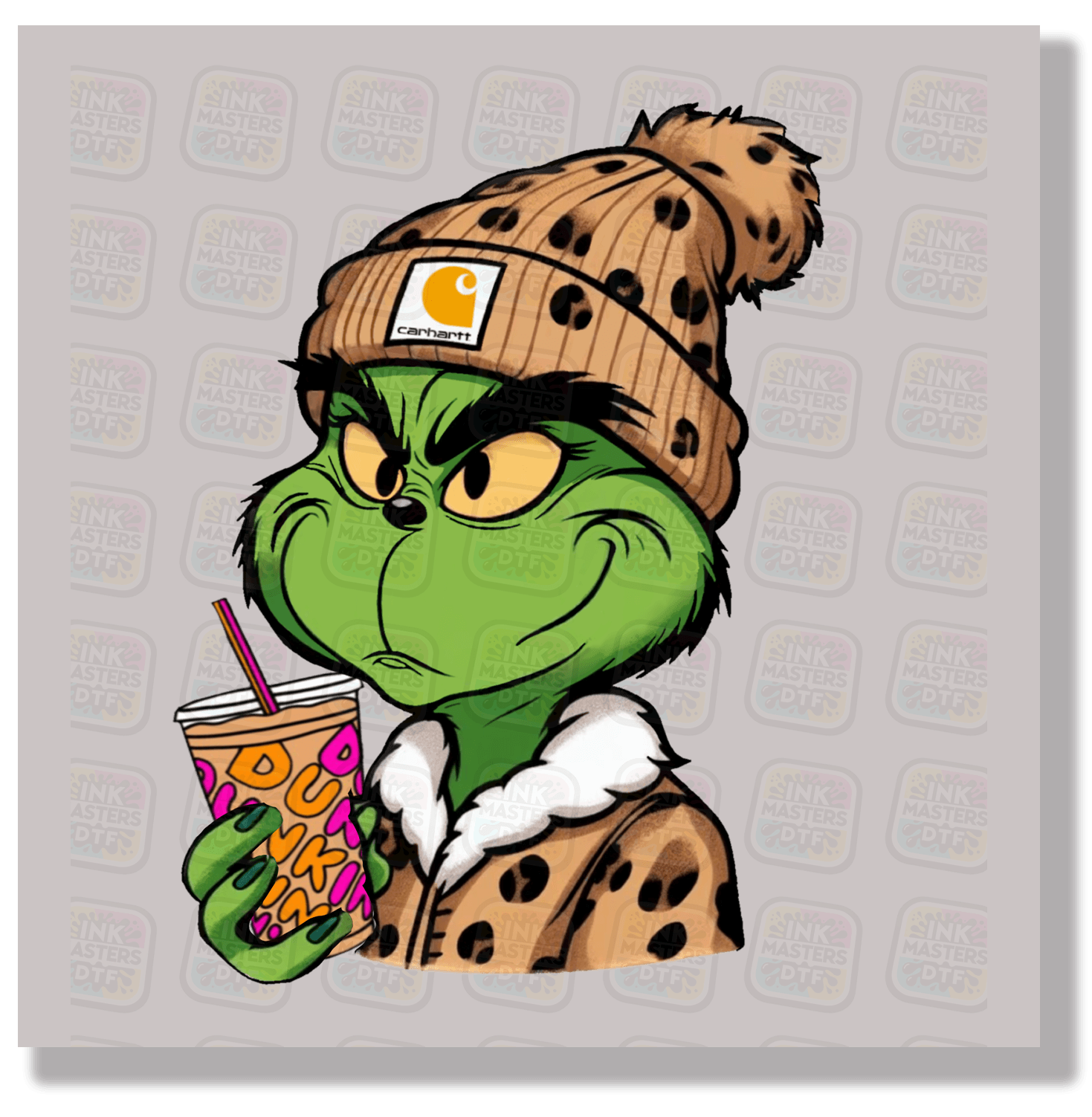 Green grinch wearing leopard fur coat and leopard carhartt hat, drinking dunkin donuts coffee