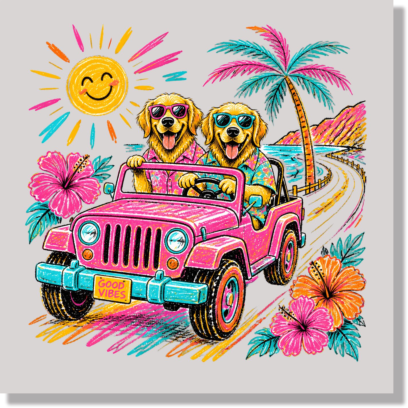 Golden Retriever Jeep Good Vibes DTF Transfer