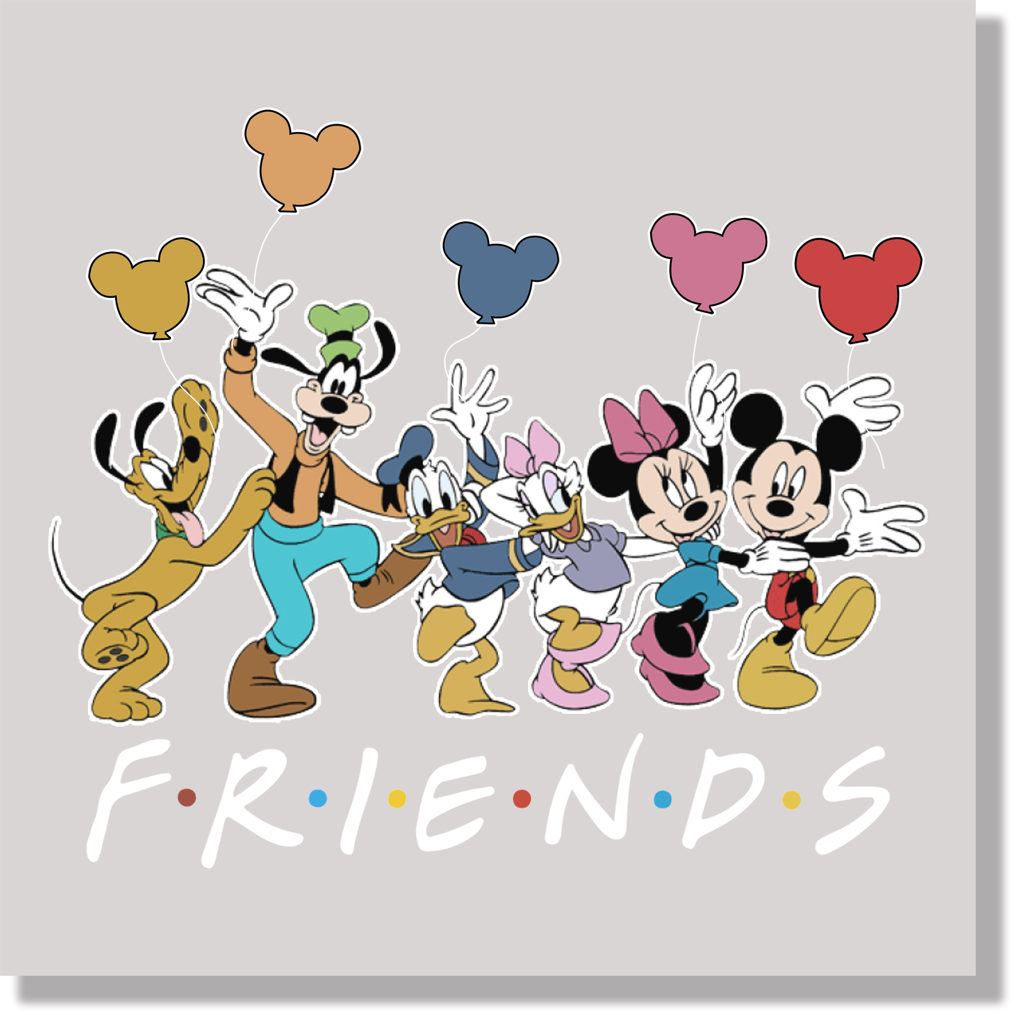 Mickey Friends With Ballons White Text DTF Transfer