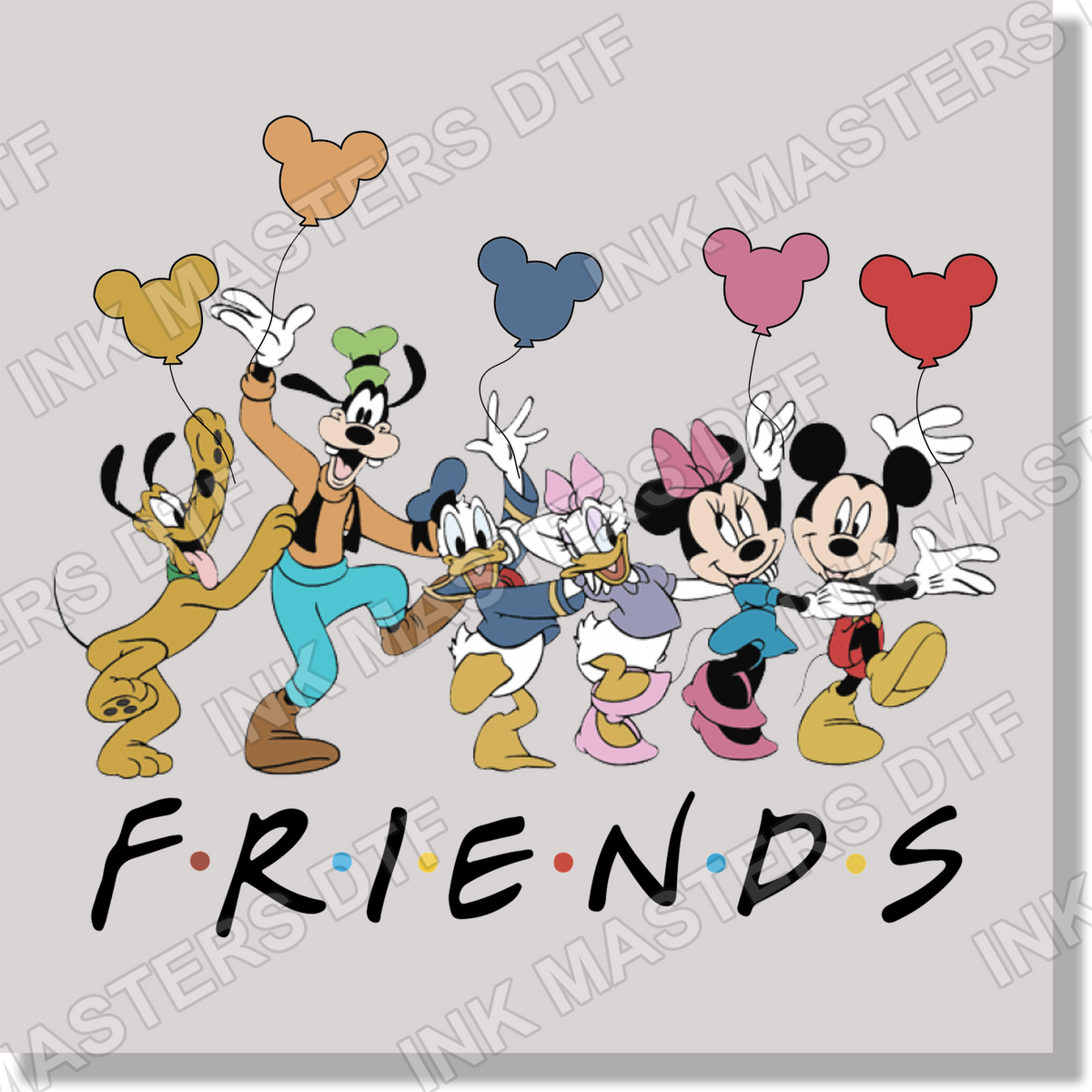 Mickey Friends With Balloons Black Text DTF Transfer
