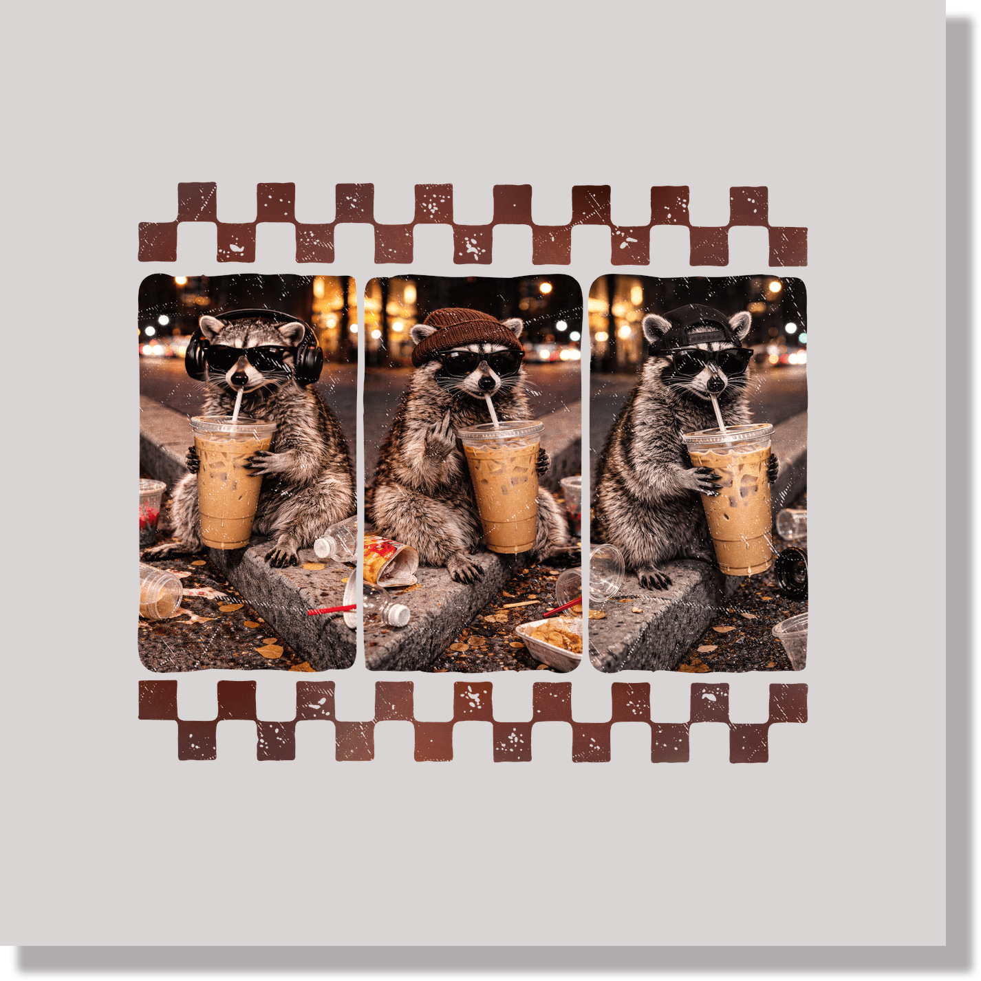 Racoon Drinking Iced Coffee Funny & Good Vibes DTF Transfer
