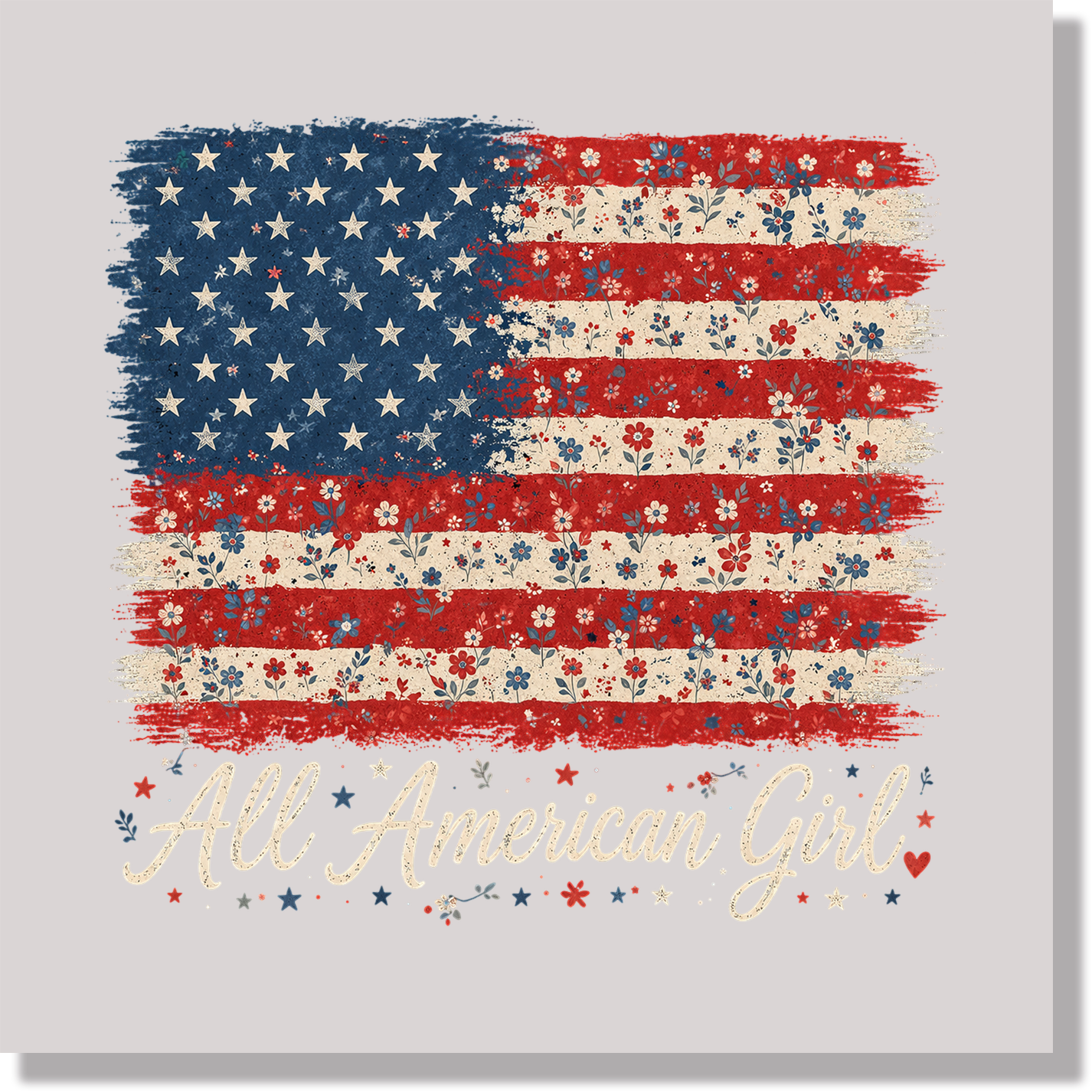Vintage Floral All American Girl Fourth Of July Flag DTF Transfer