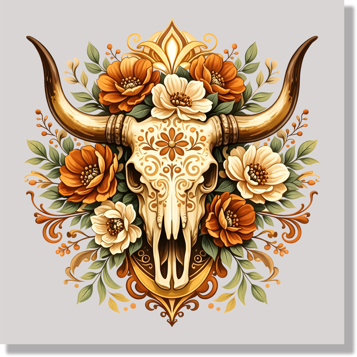 Western Boho Bull Floral Skull DTF Transfer