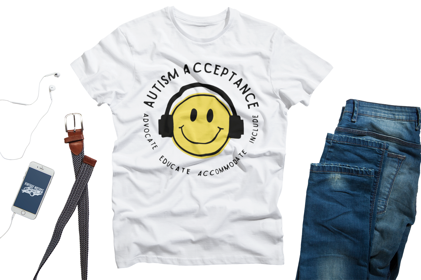 Autism Acceptance Smiley With Headphones Unisex T-Shirt