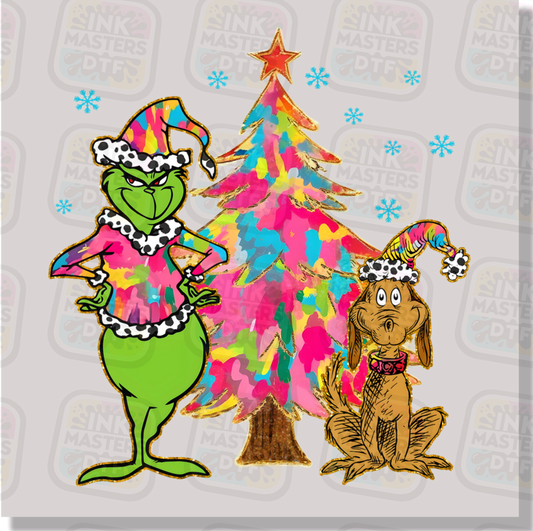 Green Christmas Monster And Dog DTF Transfer