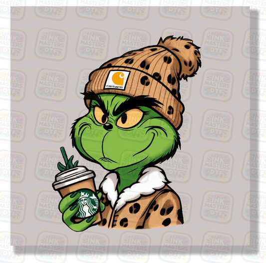 Boujie Green Christmas Monster Holding Coffee DTF Transfer - Ink Masters DTF